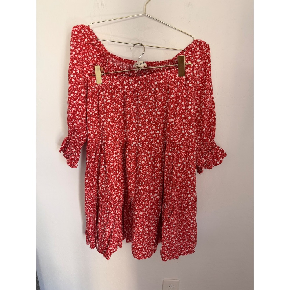 Indigo Rose Red Floral Two Piece Set Smocked Top & Tiered Midi Skirt Sz Medium